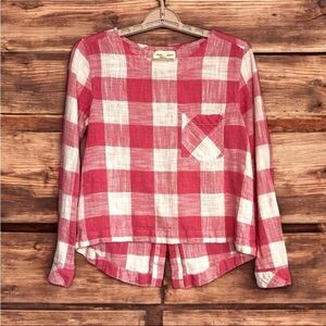 Cloth & Stone Top Sz XS Pink White Check Gingham Button Back Linen Blend Cottage
